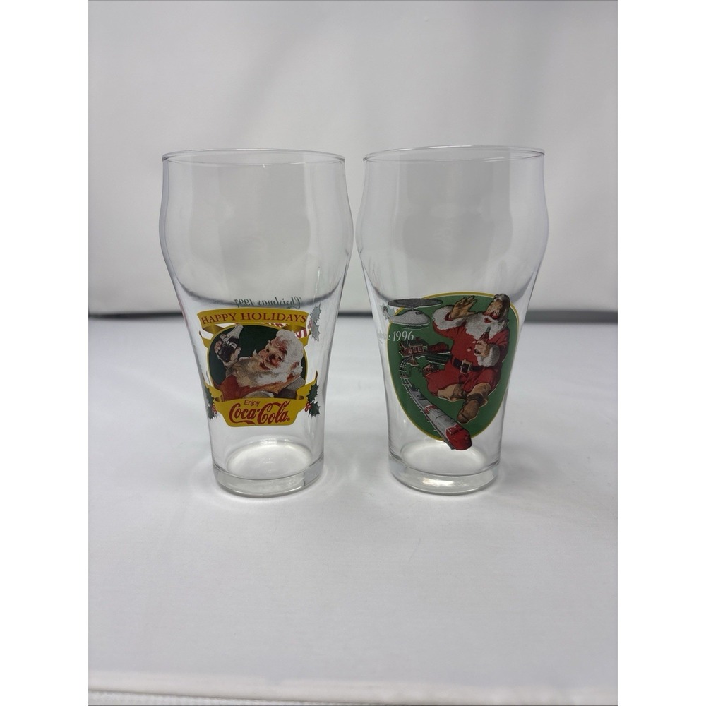2 Vintage Enjoy Coca-Cola Christmas 1996 1997 Santa Clause Happy Holidays Glass